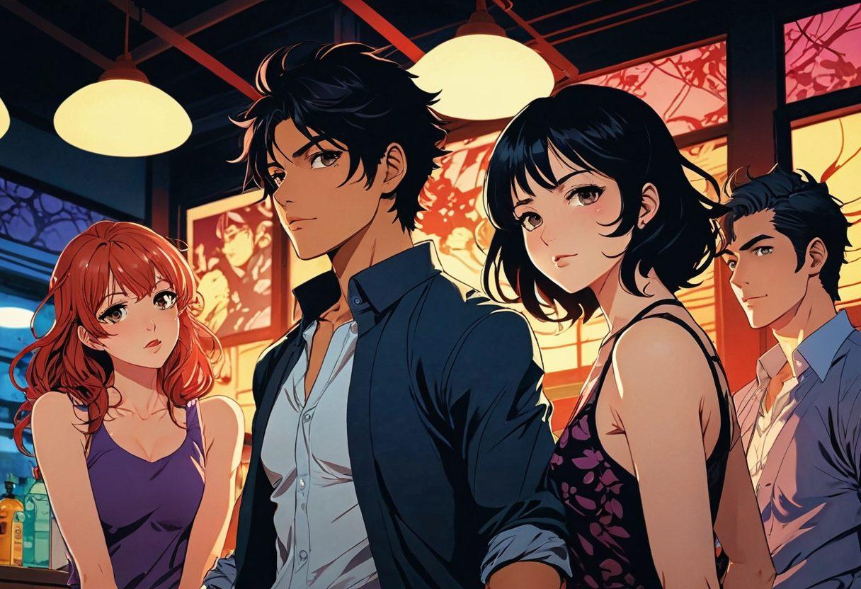 A sultry and captivating scene featuring a diverse group of characters from steamy manga, showcasing intense emotions and playful interactions. The setting includes vibrant, dramatic lighting with hints of romance and allure, surrounded by visually striking graphic novel elements like bold lines and colorful backgrounds. The artwork should evoke curiosity and excitement about the world of adult graphic novels. super-realistic. vibrant colors. dynamic composition.