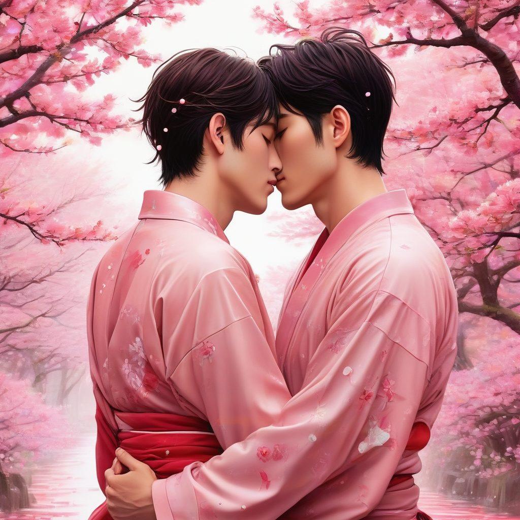 An enchanting scene depicting a couple intertwined in a passionate embrace, surrounded by delicate cherry blossoms and vibrant hues of pink and red. The background features abstract manga panels showcasing dynamic illustrations of romance and desire. Emphasize emotions through expressive character designs and fluid, whimsical lines. Evoke a sense of intimacy and connection in a dreamlike atmosphere. vibrant colors. dynamic illustrations. manga style.